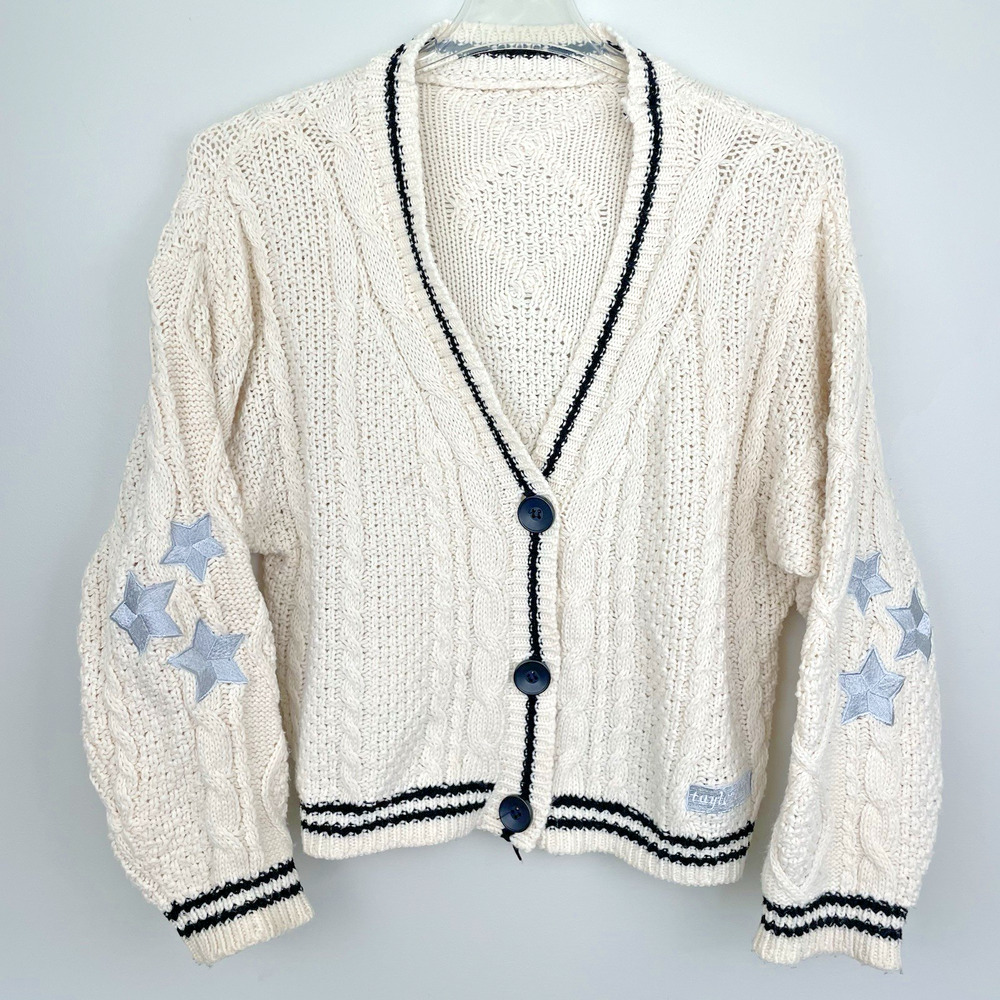 Taylor Swift Folklore Cardigan Replica Size M Ivory Cable Knit Star Patches